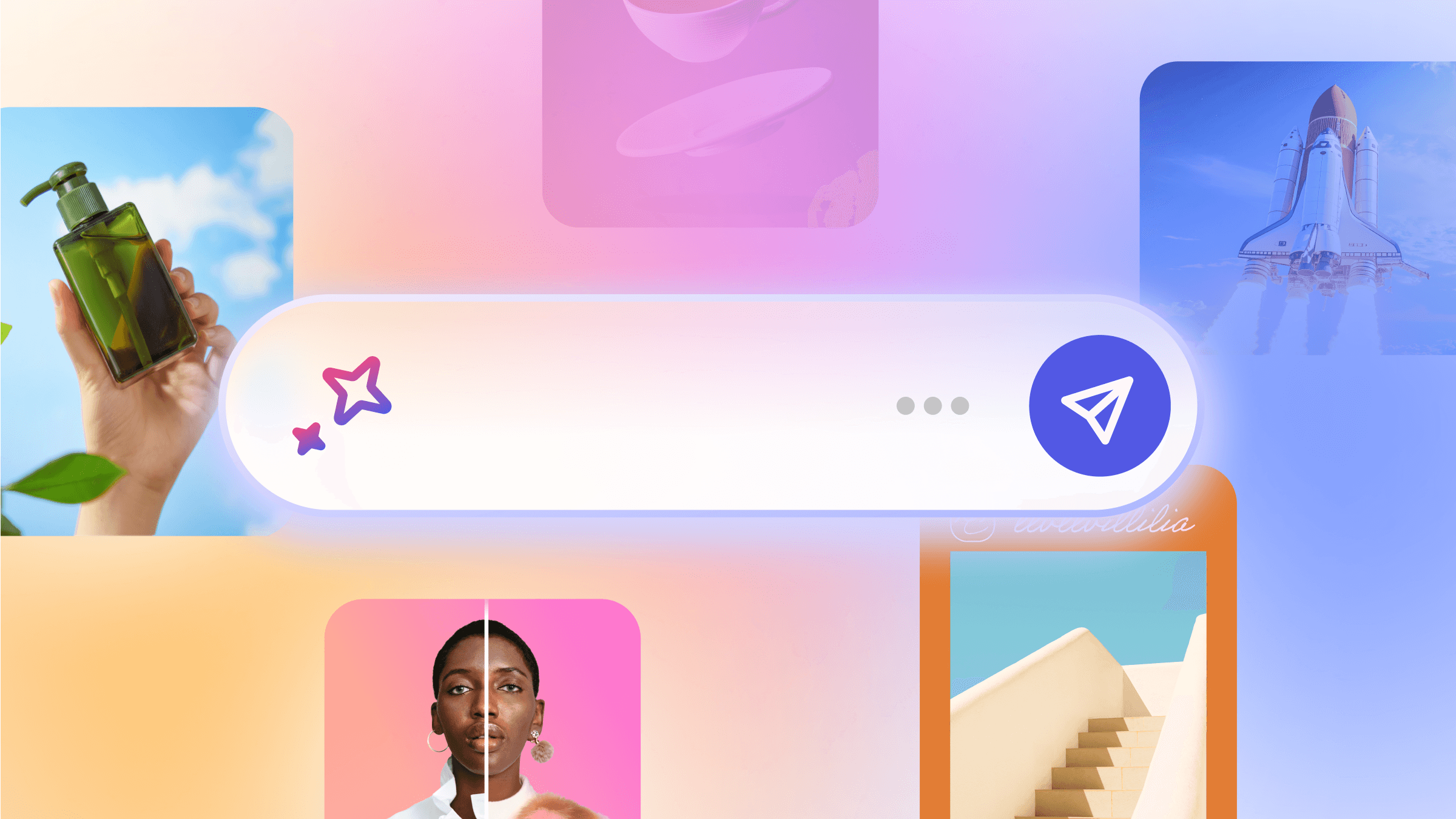 Adobe Express AI Assistant prompt surrounded by examples of generated and edited creative work.