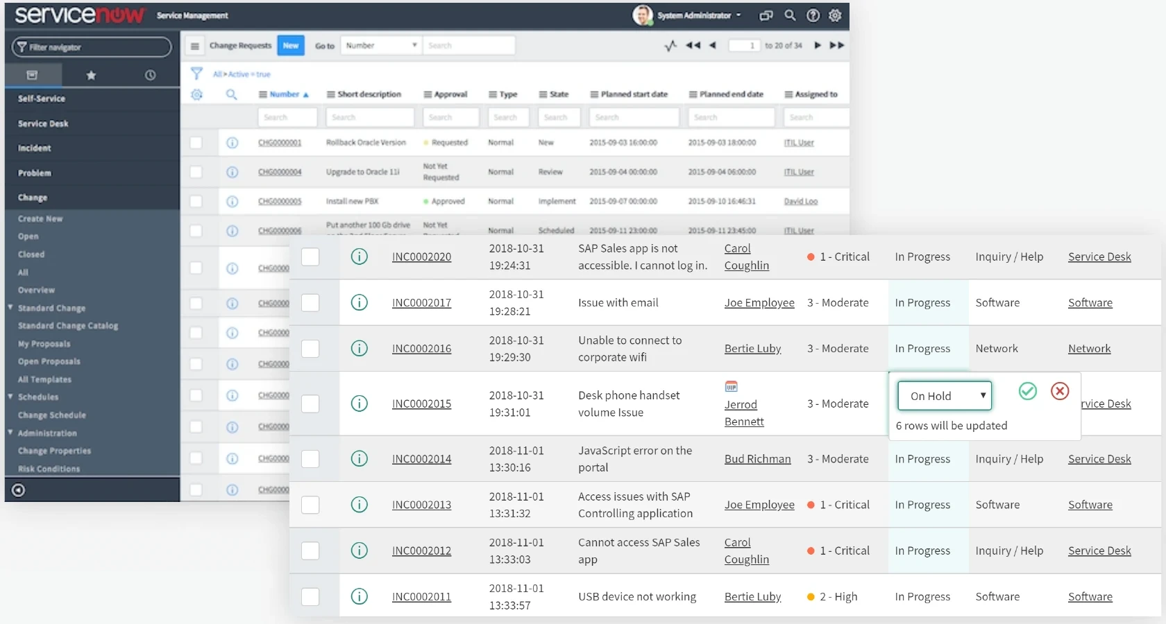 The earlier ServiceNow platform, with dense navigation and tabular records