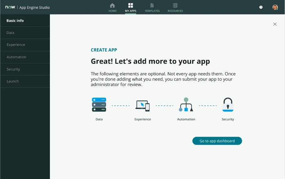 App Engine Studio MVP creation flow connecting data, experience, automation, and security