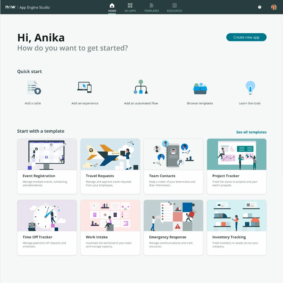 App Engine Studio MVP home with quick-start actions and business app templates