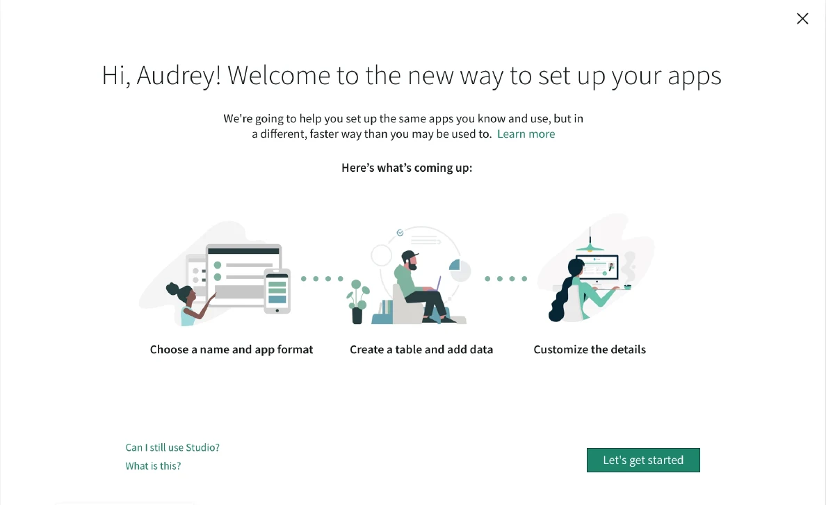 Guided App Creator welcome screen explaining the three steps to set up an app
