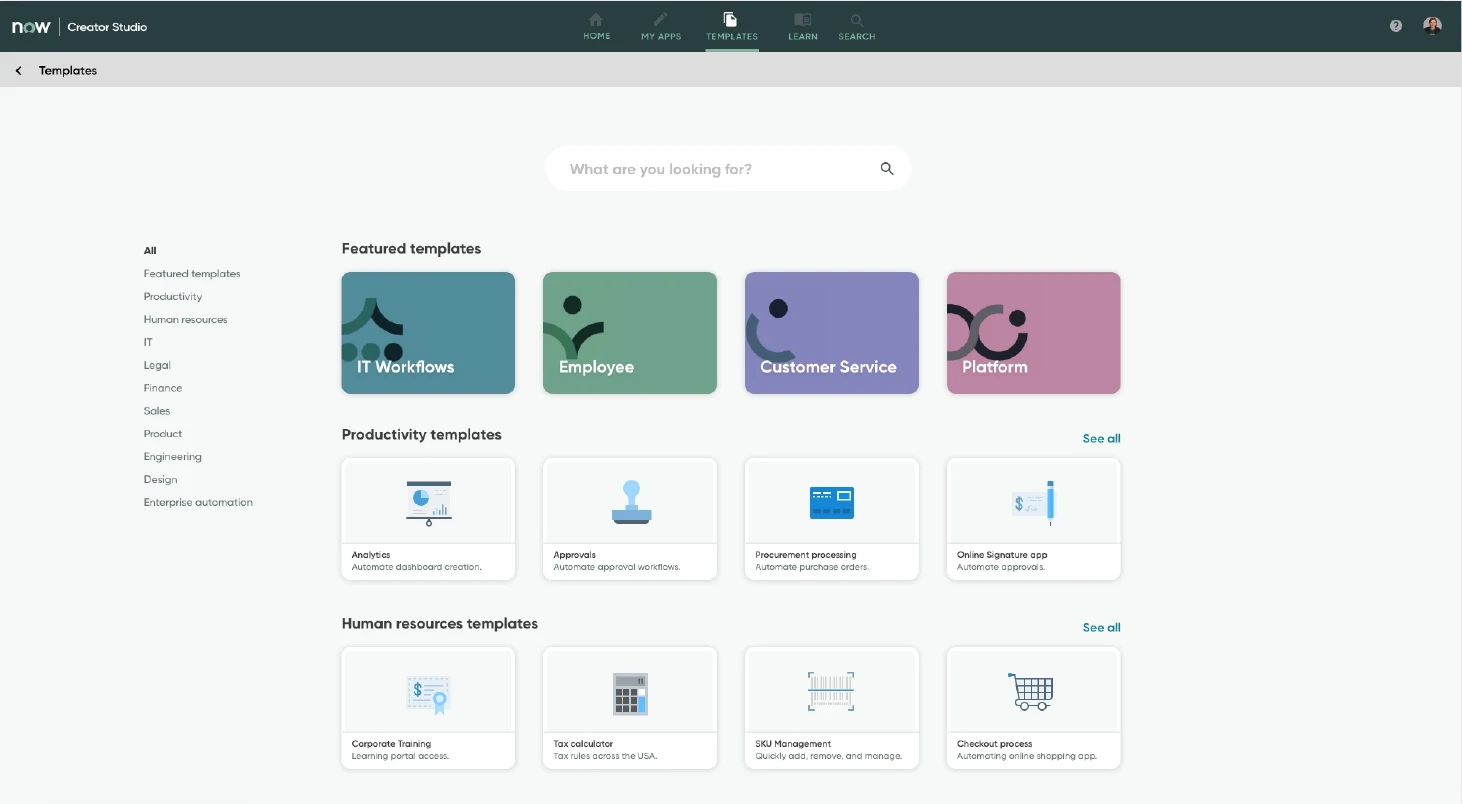 Template gallery organized around productivity, human resources, and workflow categories